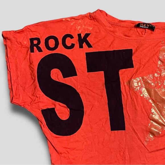 MZV WOMAN FASHION OVERSIZED DOLMAN SLEEVE CROPPED ROCKSTAR SS T-SHIRT RED - M - Picture 2 of 6